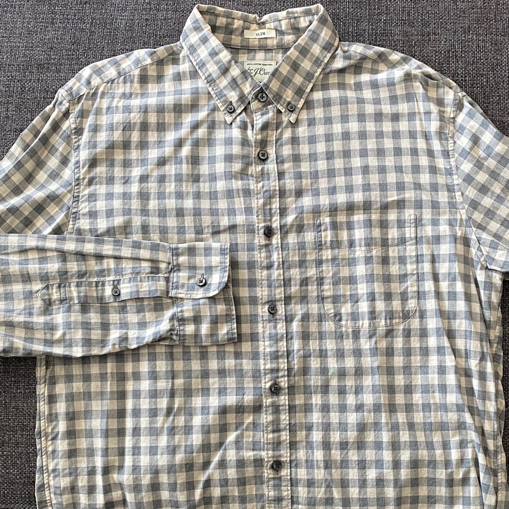 EUC Mens J. Crew Slim Plaid Button Down Sleeve Shirt, Cream & Gray Gingham, L